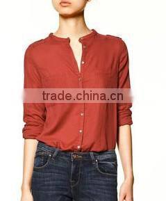 Banded collar blouse shirts two pockets casual fashion shirts for ladies