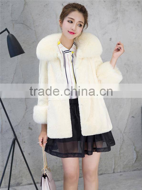 Women Rex Rabbit Fur Coat Hooded Casual Winter Coats and Jackets with Fox Fur Collar