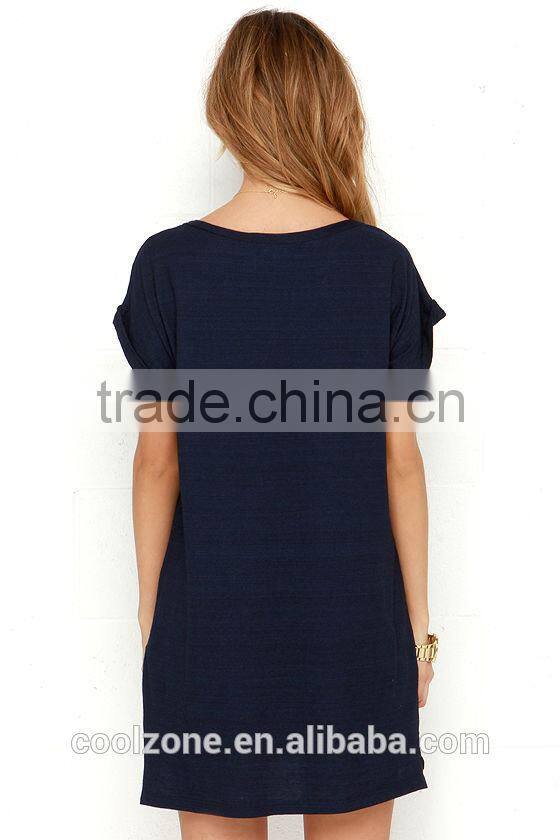2015Latest ladies western dress designs roll sleeves shift dress for women