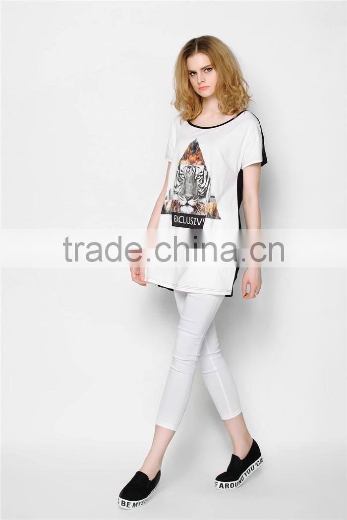 latest summer fashion long style tiger pattern print women t shirts cheap, cotton t shirts with transparent back