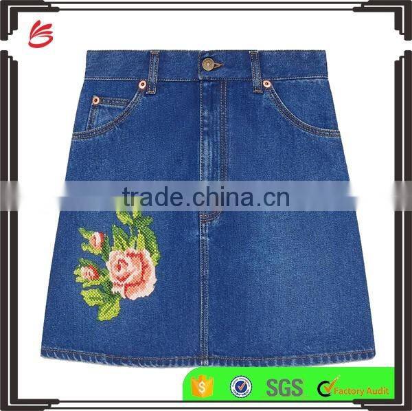 2017 fashion custom high waisted girls sexy Floral Embroidered denim mini skirt Casual Fit Latest women jeans skirt