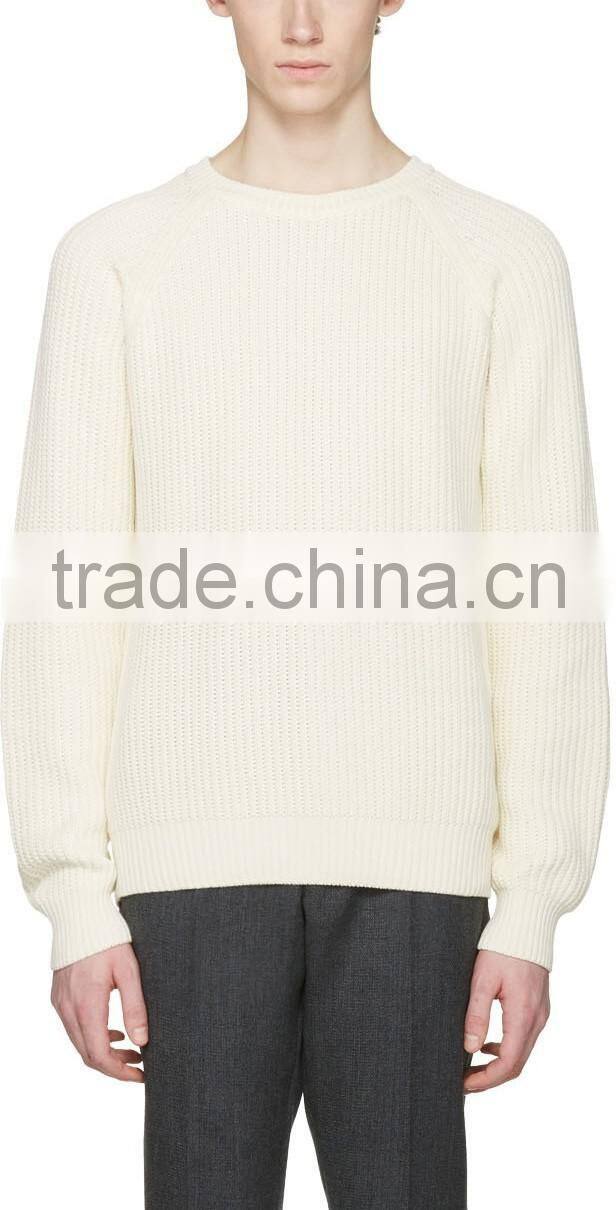 Crew Neck Long Raglan Sleeve Ribbed Cotton Jersey Sweater in Off White for Men