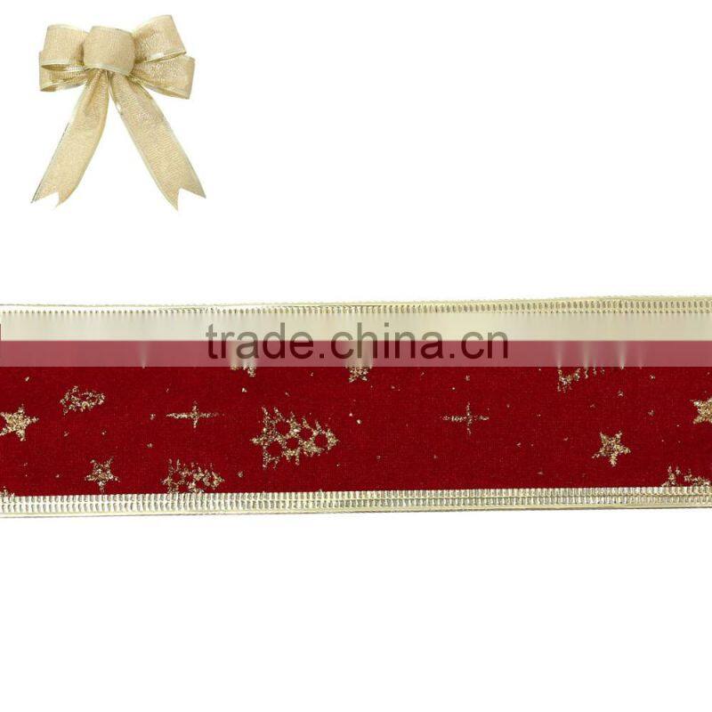 Red Tree Star Pattern Velvet Satin Ribbon For Christmas Decor