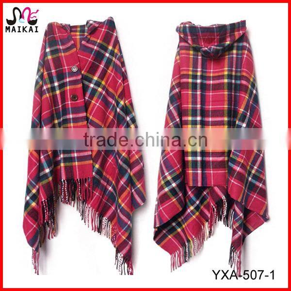 2015 top selling plaid checked winter acrylic cashmere poncho