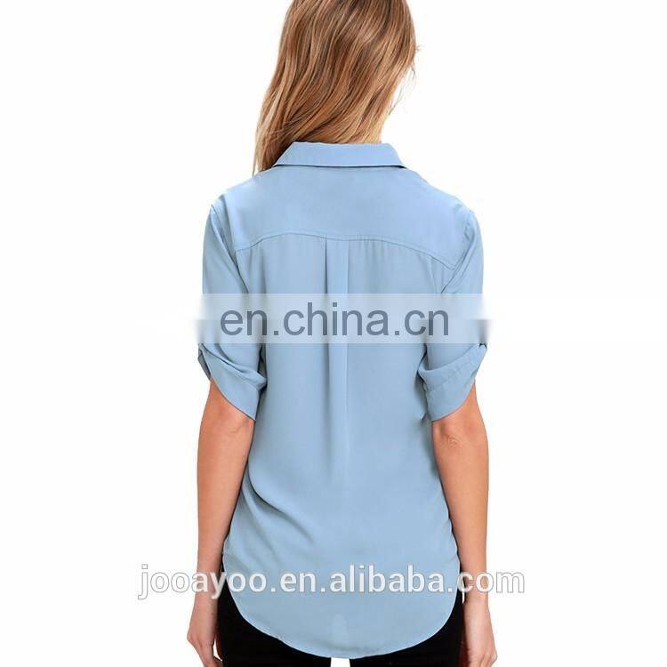 2017 New Summer Ladies Button Up Half Sleeve Cotton Blouse Women Latest Fashion Blouse Design