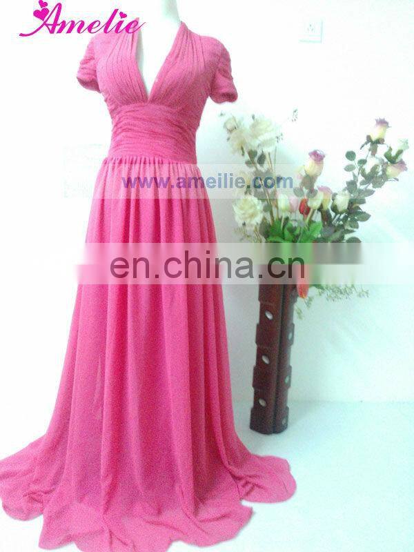 AC7R01 V neckline short sleeve peach chiffon long evening dress