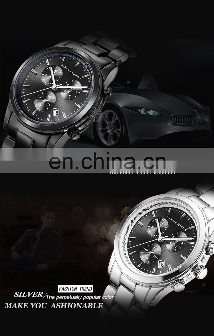 HANNAH MARTIN HM-1039 Current Black Stainless Steel Quartz Watch Analog Business Calendar Men Wrist Watches