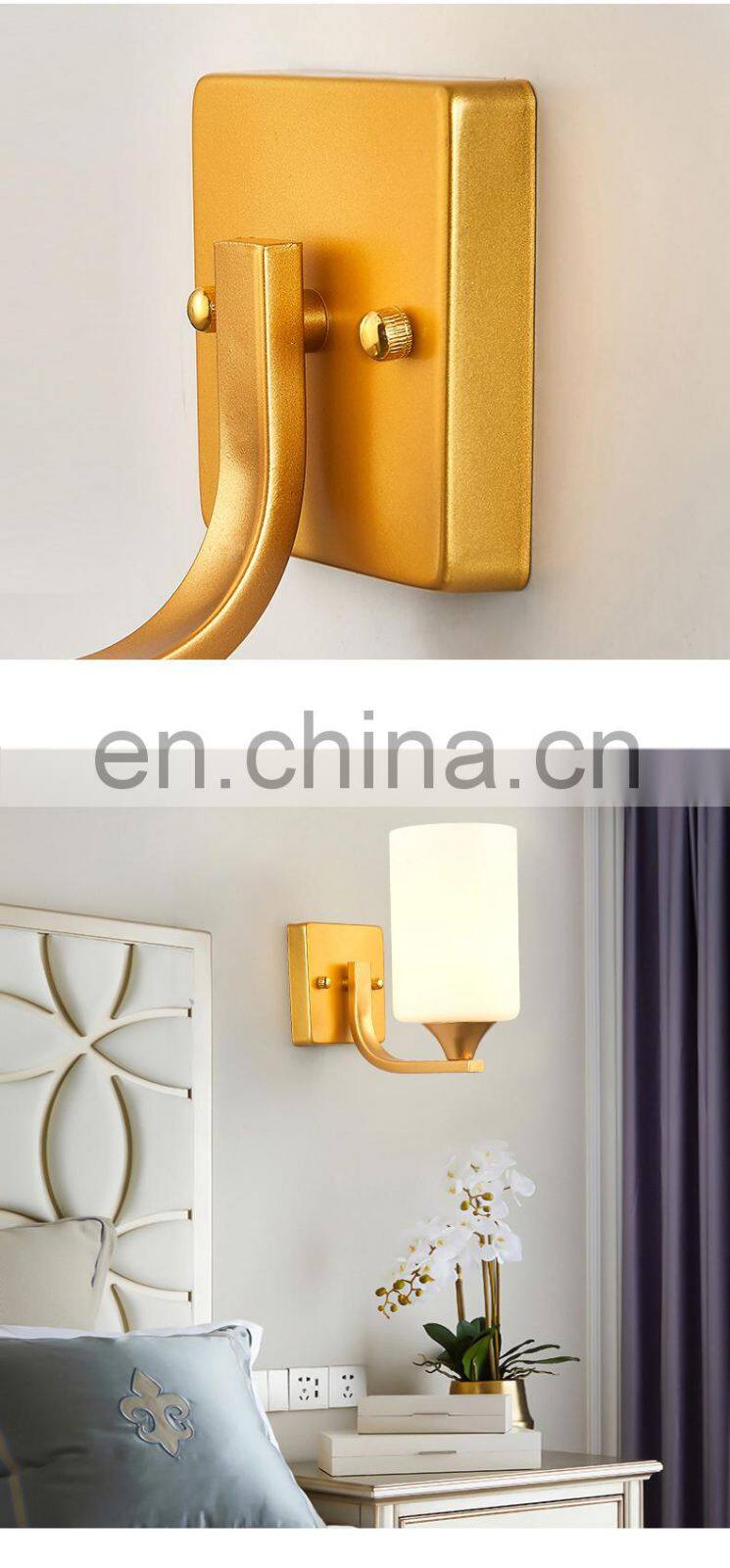 home hotel indoor bedroom modern glass lampshade iron lamp body bedside golden wall light