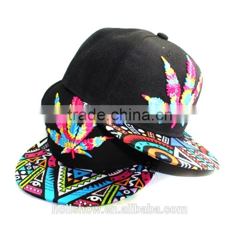 Wholesale Leaf Embroidery Printed Flat Brim Man Women Snapback Cap Cheap