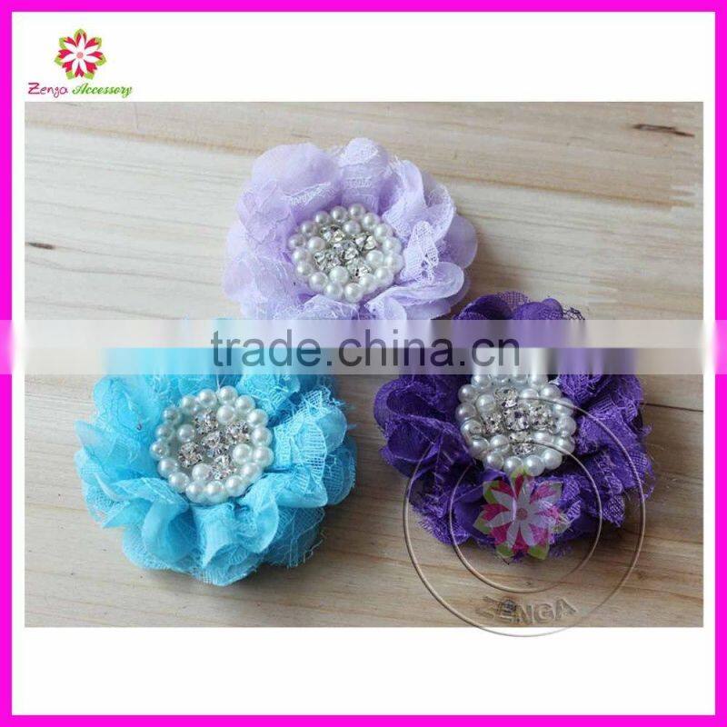 Beaded lace chiffon fabric flowers for wedding dresses,pearl center chiffon lace flower, pearls rhinestone chiffon lace flower