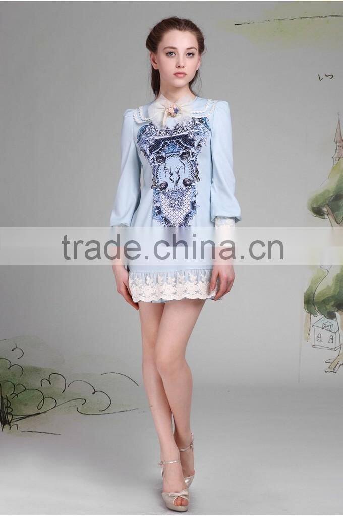 2015 Fashionable Long Sleeve Pencil Printed Young Girl Dress