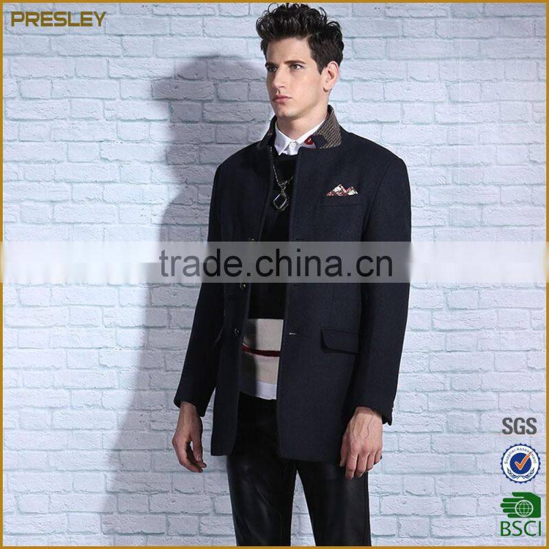 Stand collar casual style long woolen jacket coat with fleece lining for man