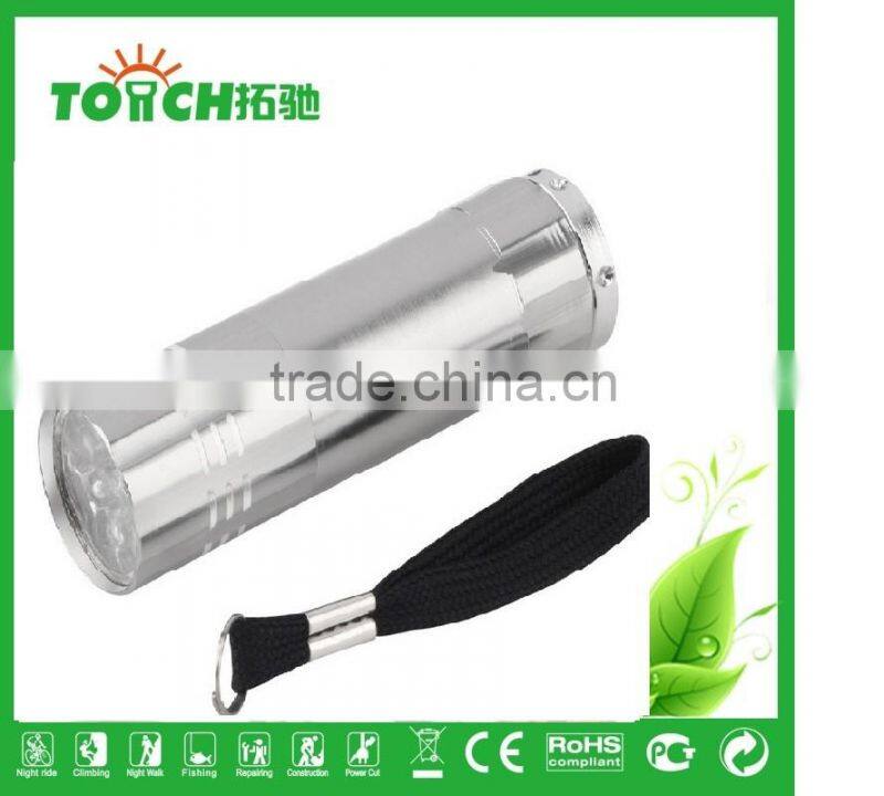 super mini 9 leds led flashlight for Promotion Aluminum alloy led lamp 3*AAA Battary with Nylon Wrist Strap