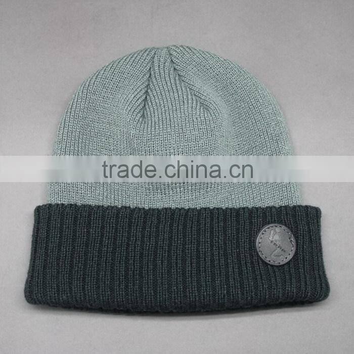 LUXURY LEATHER PATCH FOLD CUFF NAVY WINTER HAT FOR MEN AND WOMEN