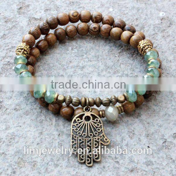 2016 boho summer Hamsa bracelet, wooden beads and healing crystals handmade bracelet