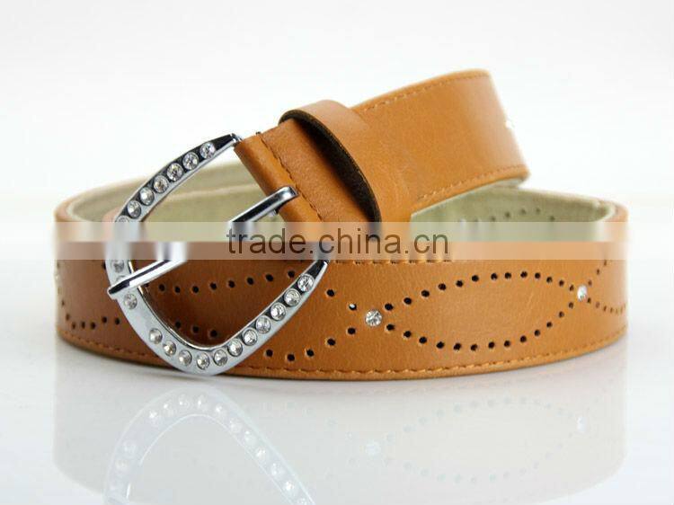 Women's Fashion Perforation Brown PU Leather Belt with Stone Decor Buckle