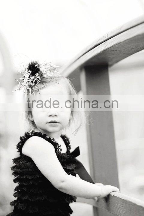 Lace hem hot pink black rompers jumpsuits wholesale baby lace romper solid ruffle petti romper posh girls lace romper for kids