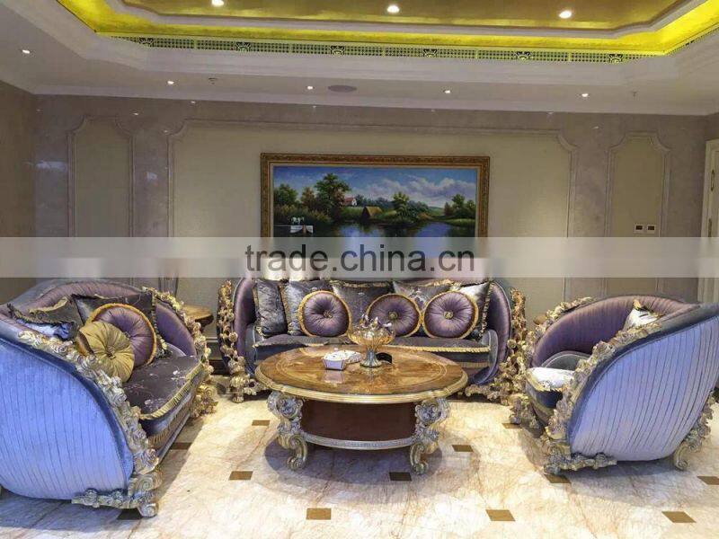 European Romantic and Sweet Style Royal Sofa Set, Wooden Flower Carved Living Room Sectional Sofa Set