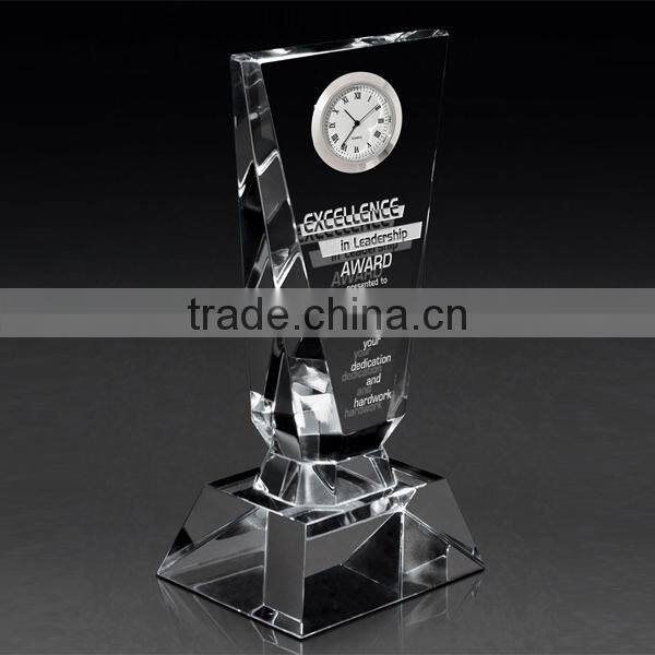 clear optical crystal trophy with silver clock