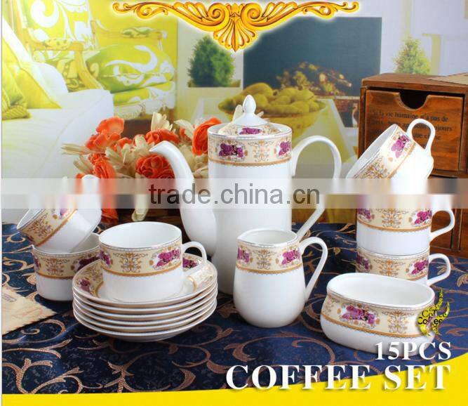 Fine china porcelain luxury 15pcs 17pcs coffee tea set arabic coffee cup table set with godeln decal