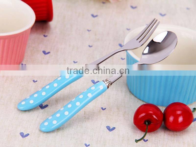 Stainless Steel white polka dot of ceramic handle Zakka spoon and fork
