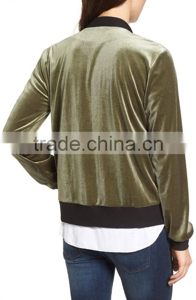 Women Winter Spring Fashion Clothing Wholesale Custom Logo Lightweight Jacket Stylish Baseball Green Velvet Bomber Jacket