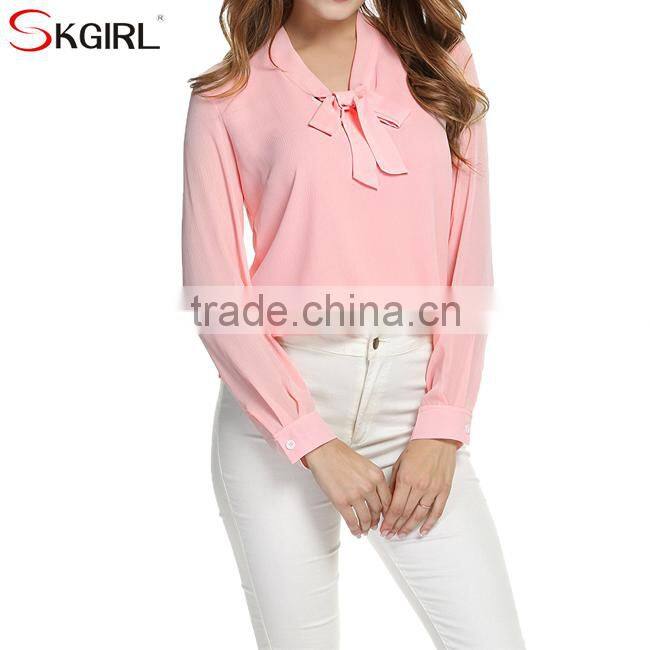 Casual loose fit tie-bow neck long cuffed sleeve office wear tops latest formal skirt chiffon blouse patterns for ladies