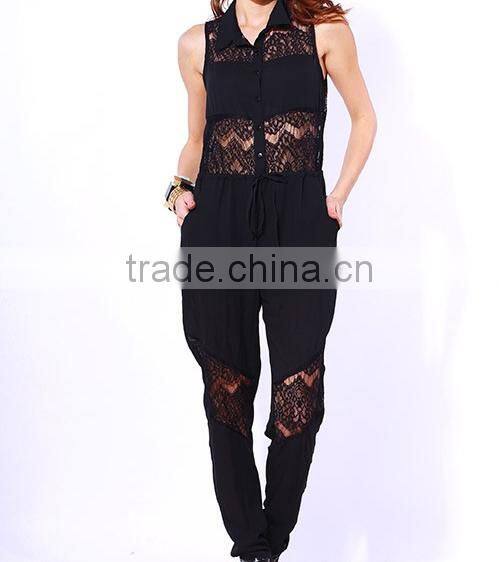 2014 new arrival Summer fashion Black Sheer Chiffon Lace Bow Tie Waist Button Up Party Jumpsuit OEM cheap