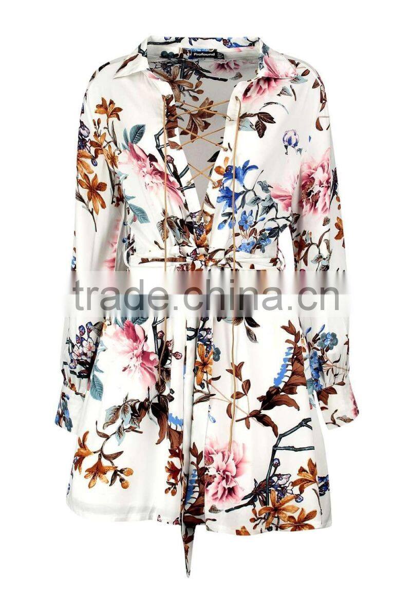 Wholesale latest custom floral printing low cut v neck bandage dress 2016