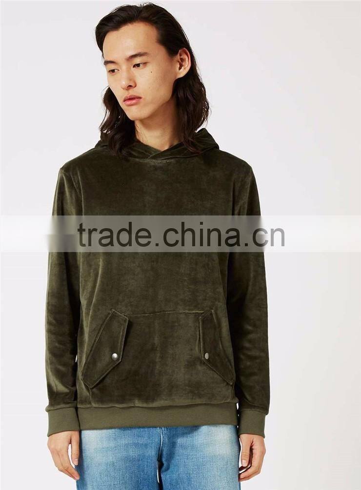 MGOO Plain Basic Velour Classic Fit Hoodie Front Pocket Olive Green Velvet Pullover Men
