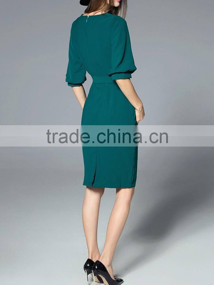 Green Tie Waist Pockets Sheath Dress Polyester Spandex Short Half Sleeve Casual Plain Lady Dress