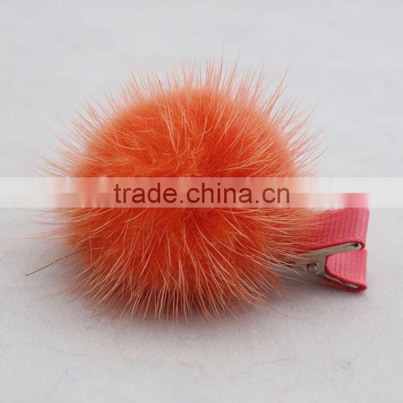 Myfur Bright Orange Color Customized Mink Fur Pom Pom Hairpin Accessory
