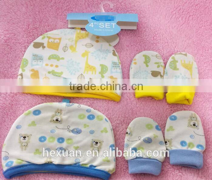 OEM or Stocked ,4pcs/set Newborn baby double hat, 2 pieces + protective gloves, 2 pairs of cotton, 4 pcs each set