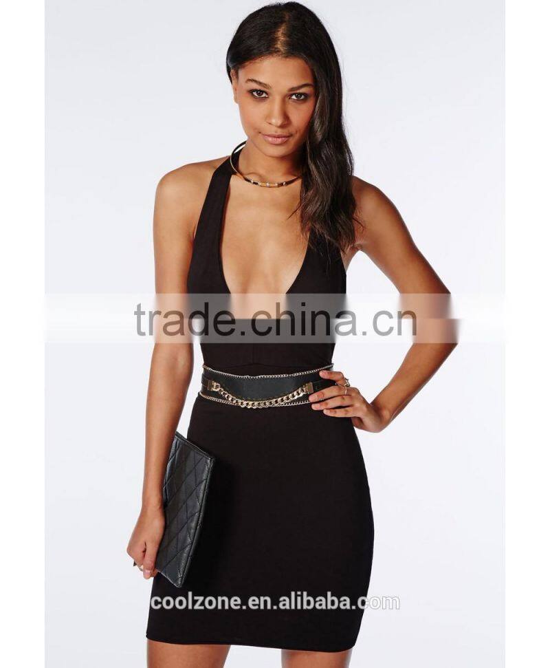 Sexy deep plunge neck bodycon fit dress designer one piece party dress