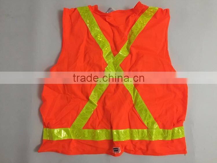 Customized orange highlight PVC safety reflective vest with 100%polyester tricot fabric