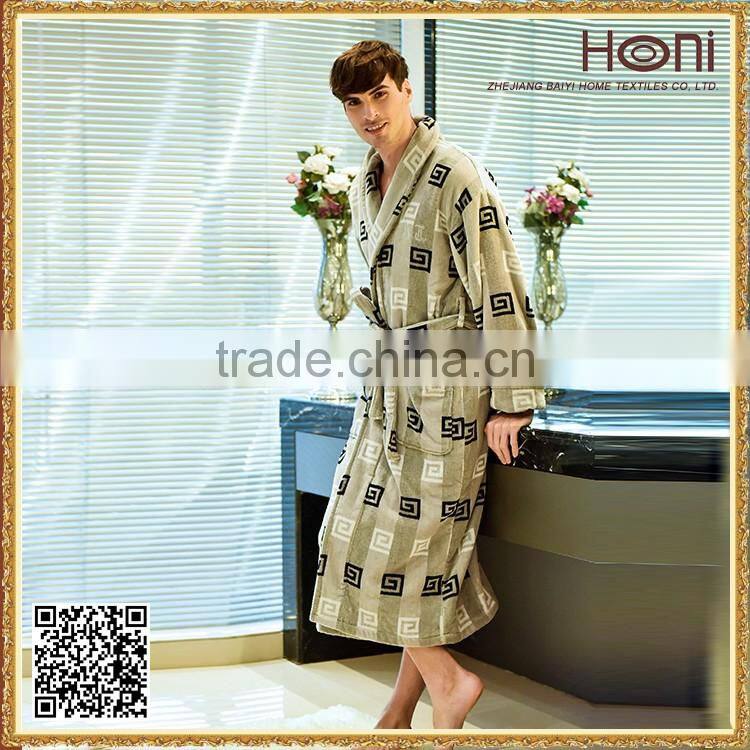 Men's Patterned Cotton Soft Bathrobe With Belt