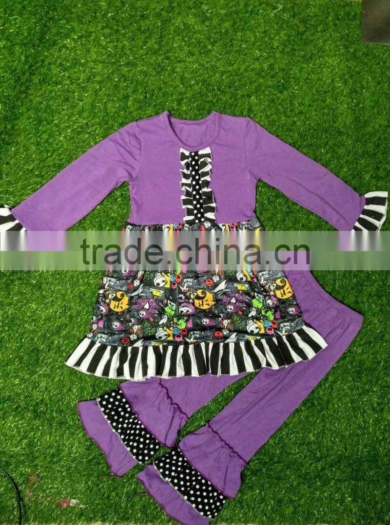 2016 new style Halloween black and orange pumpkin tunic and triple ruffle pant clothing sets bulk wholesale kids fall clothing