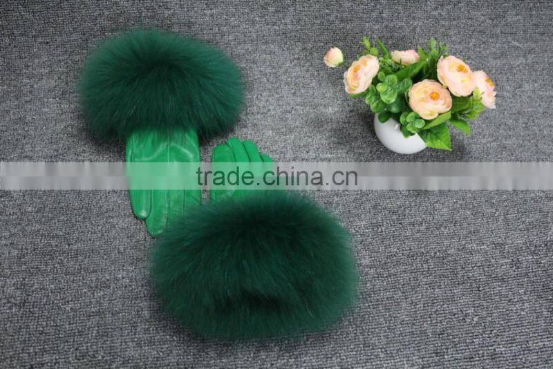 Wholesale Ladies Raccoon Fur Trimmed Sheep Leather Gloves With Factory Price