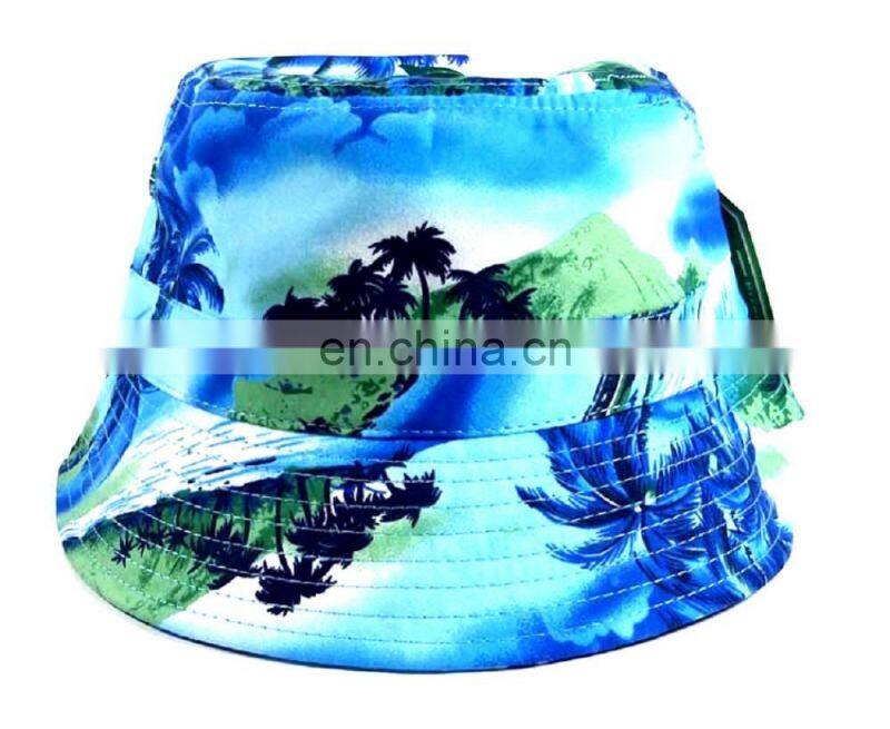 Blue Landscape Hawaiian Print Floral Bucket Hat Flower Boonie Cap Hawaii Beach Cap
