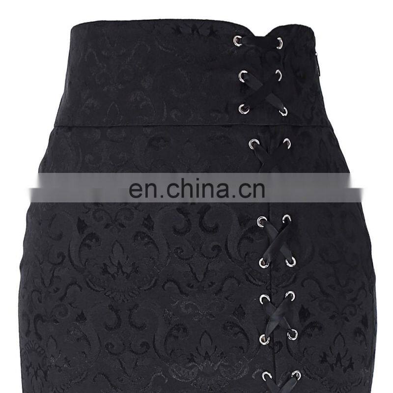 Belle Poque Women Vintage Retro Victorian Style Ruffled Jacquard Fishtail Mermaid Black Long Maxi Skirt BP000204-1