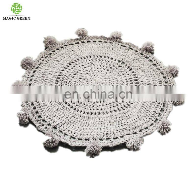 wholesale cotton round shape pom pom decor hand crochet baby kids living room floor game area large nursery rug mat blankets