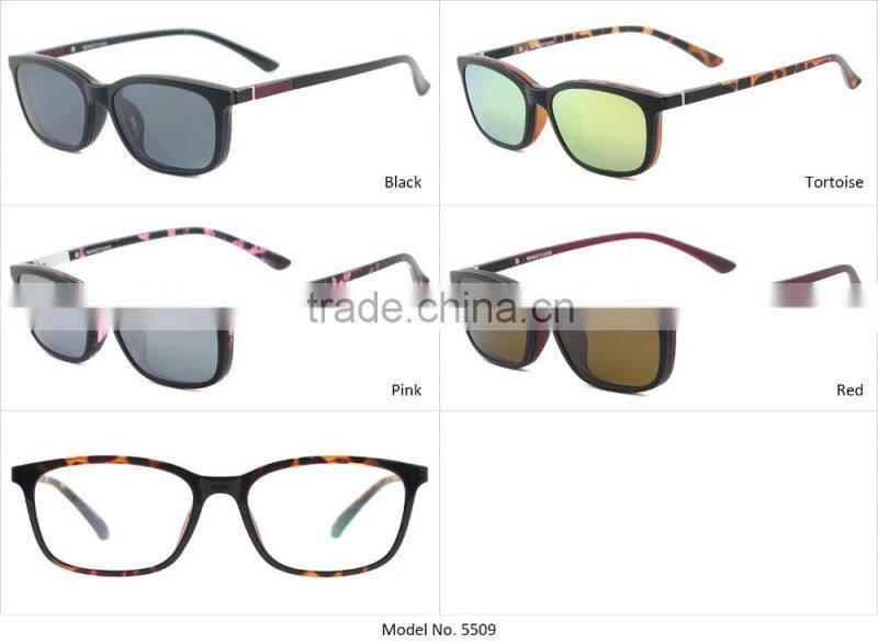 Tr90 plastic optical frame with polarized clip on sunglasses