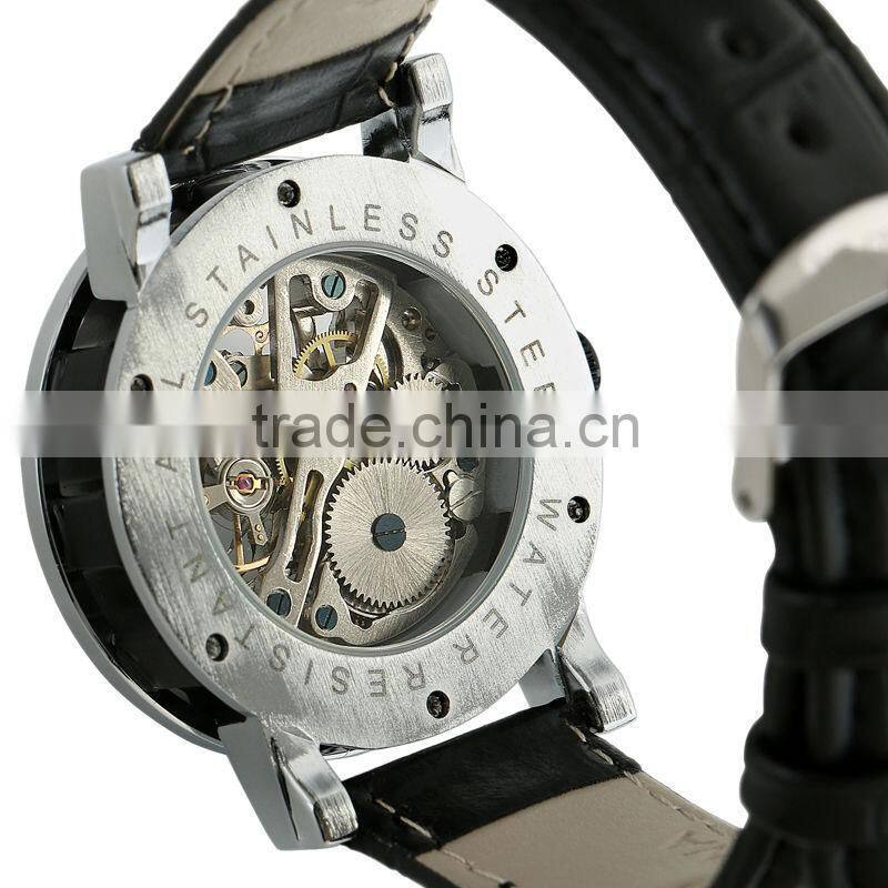 ESS Unisex Skeleton Dial Dark Blue Leather Strap Mechanical Luminous Watch WM341