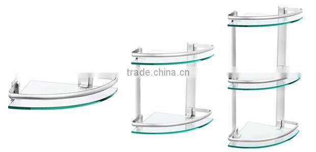 aluminium triple tier corner glass shelf, bathroom glass shelf