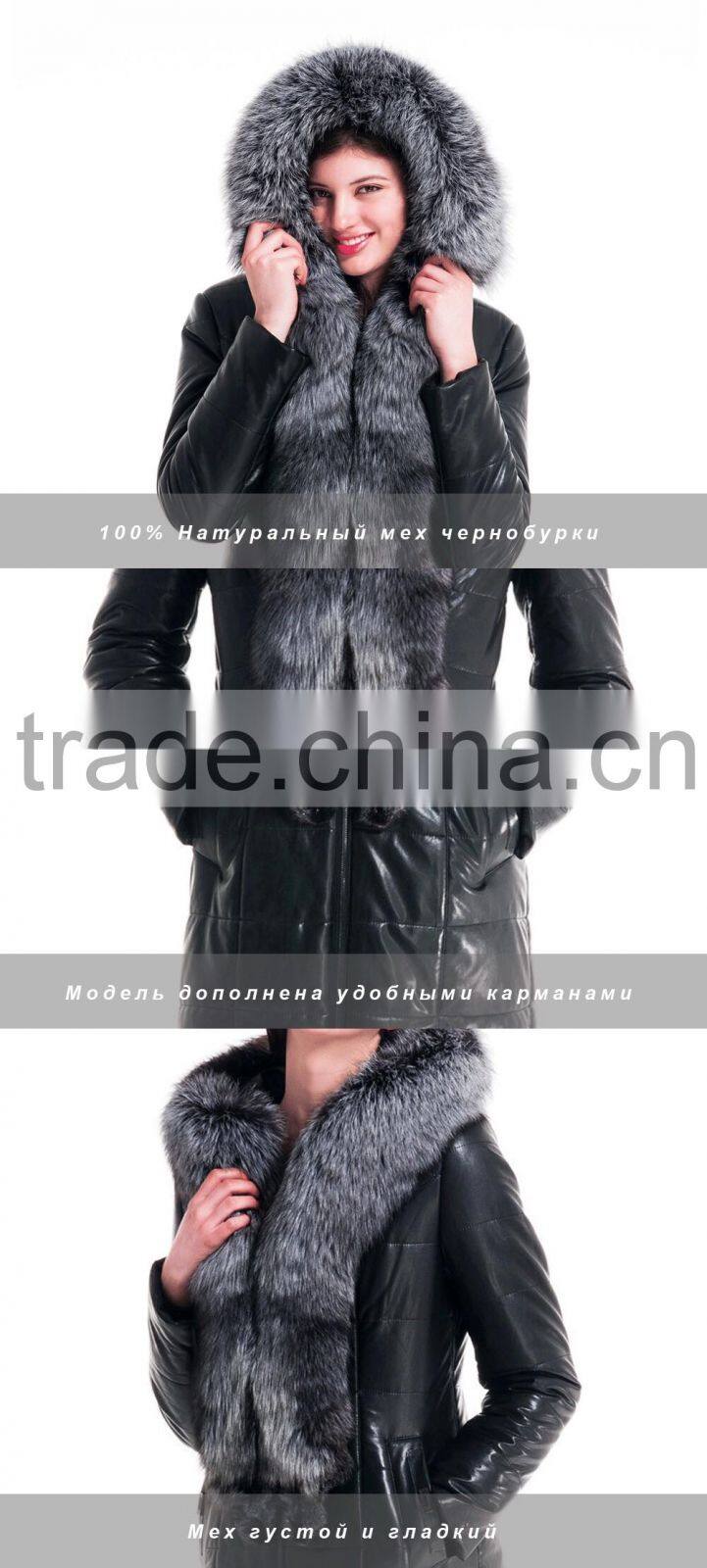 2015 Winter Medium Length Women Leather Jacket With Brown Fox Hat Overcoat