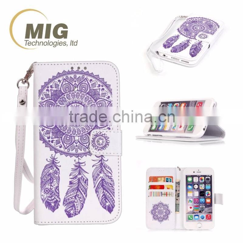Diamond Flower wallet leather case with strap with inside TPU phone case for iphone 6 6S