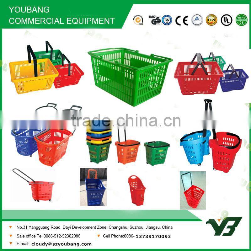 Hot sell good cheap 48 Liter HDPP blue color double handle rolling supermarket plastic trolley basket with wheels (YB-W018)