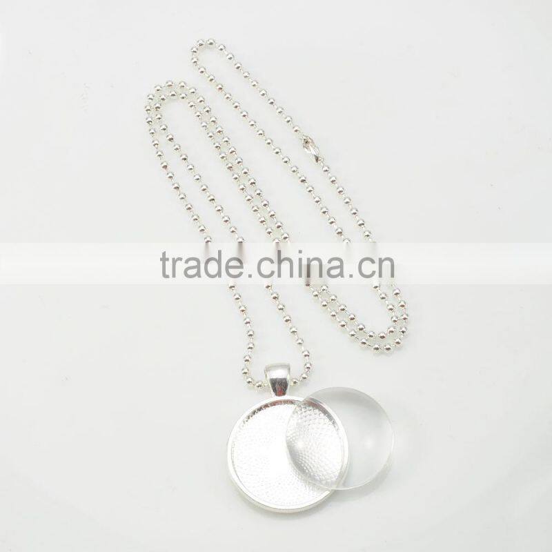 22*29mm New Arrival Fashion Bright Silver Bezel Cabochon round shaped Pendant Costume Necklace with Ball Chain