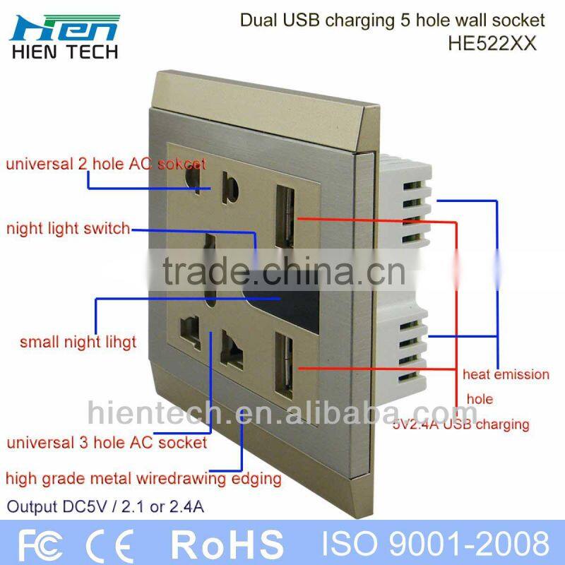 13A electricial wall socket Universal 5 pin usb plug/usb socket/usb wall socket