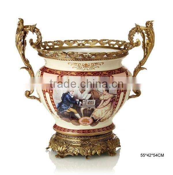 European Character Style Ceramic Egg Shaped Jar Box, Elegant Porcelain With Brass Prize Cup, Figure Design Footed Jar With Lid